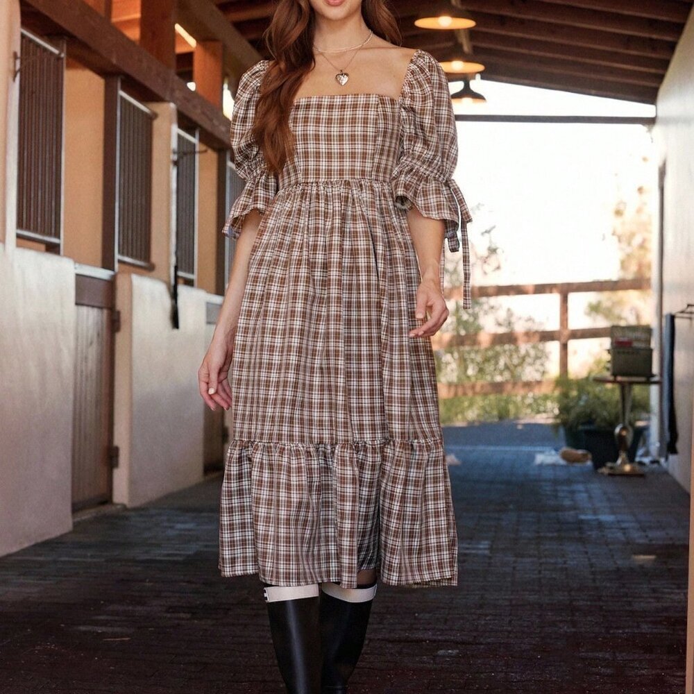Coffee Brown Boho Women's Plaid Square Neck Midi Dress